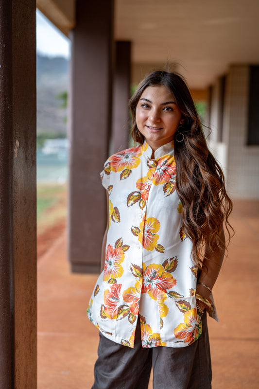 Hibiscus Cream Hawaiian Blouse
