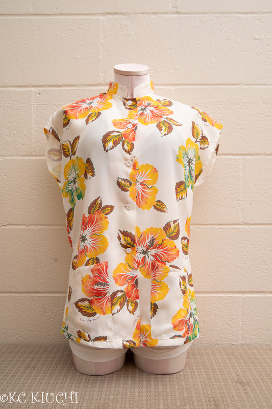 Hibiscus Cream Hawaiian Blouse
